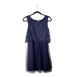 Dina Be Navy Blue Floral Lace Sleeveless Formal Dress Wedding Guest Size Medium